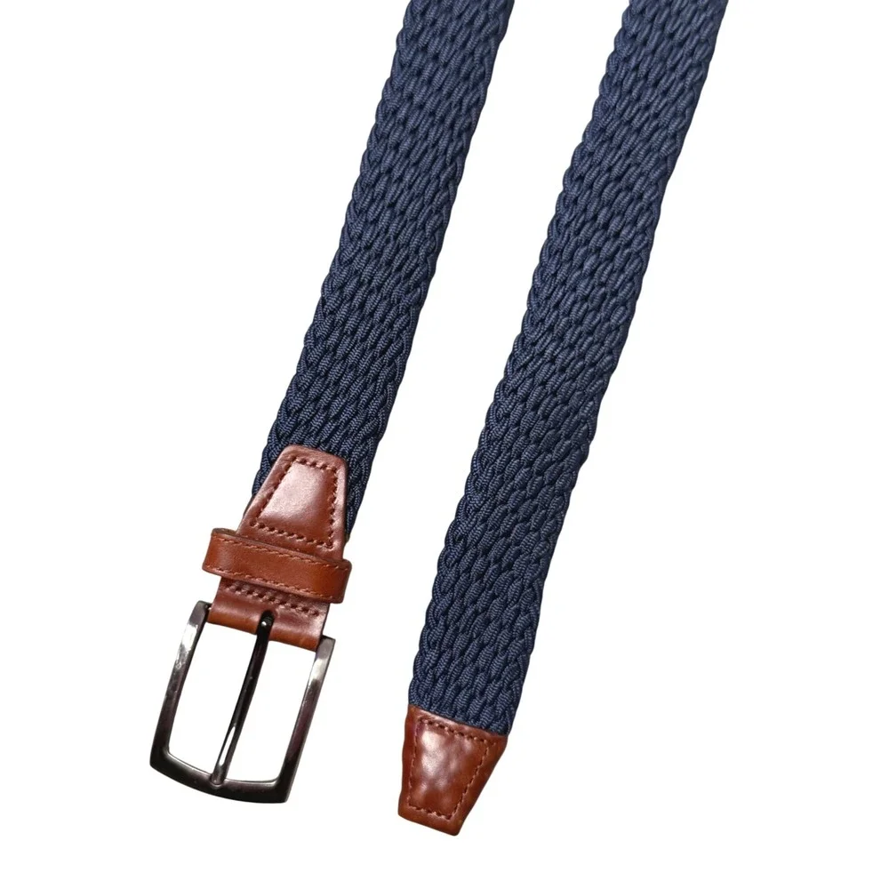 Johnston & Murphy Woven Belt Mens 40 Navy Blue Braided Elastic Leather Trim